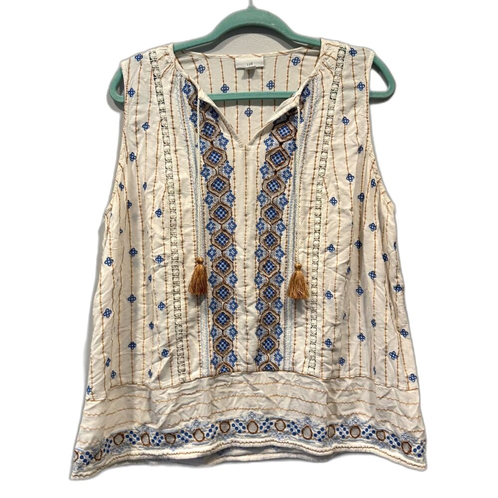 J Jill Top Embroidered Tank Tunic Tassel Tie Cream Blue Festival Boho Women XL